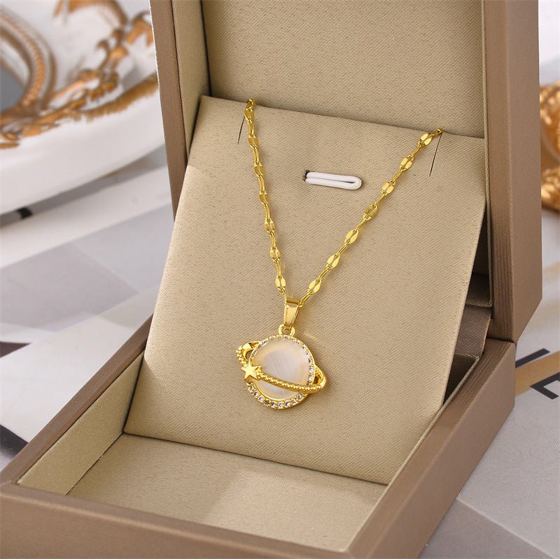 French Style Design Planet Opal Pendant Titanium Steel Necklace