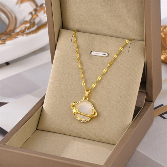 French Style Design Planet Opal Pendant Titanium Steel Necklace
