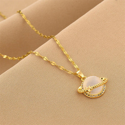 French Style Design Planet Opal Pendant Titanium Steel Necklace