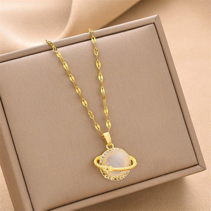 French Style Design Planet Opal Pendant Titanium Steel Necklace