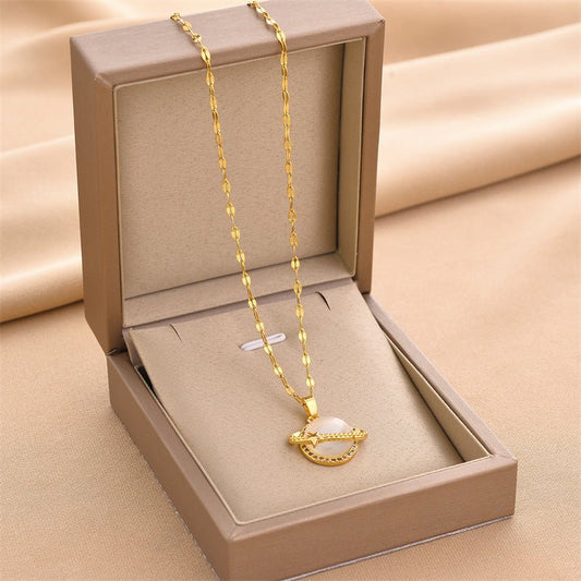 French Style Design Planet Opal Pendant Titanium Steel Necklace